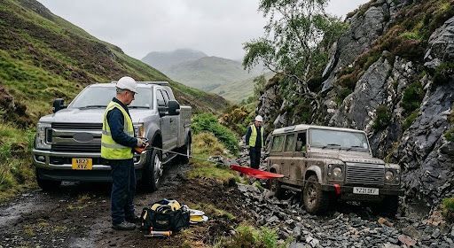 Workers assessing two off-road vehicles on a muddy mountain road after a landslide.