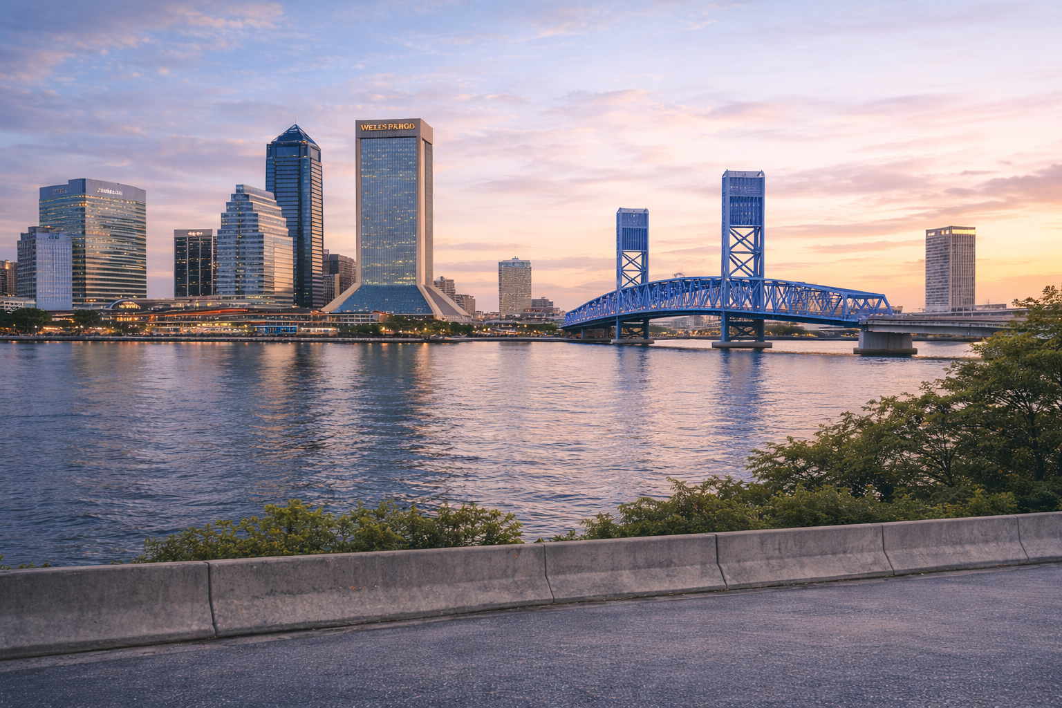 City skyline with blue bridge over calm water at sunset.
