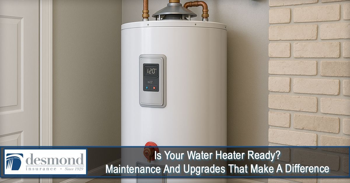 White water heater in a laundry room, with text