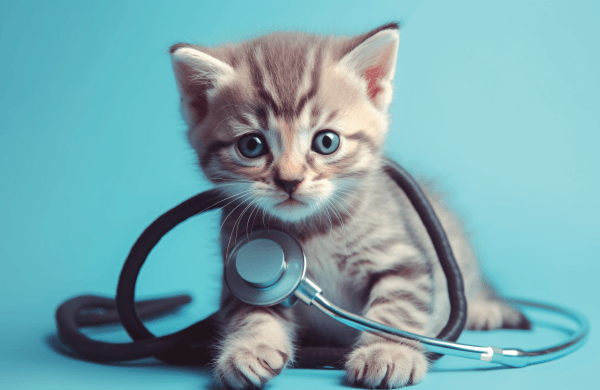 Tabby kitten with a stethoscope around its neck against a blue background.