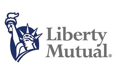 Liberty Mutual logo: Statue of Liberty holding torch, with blue outline. 