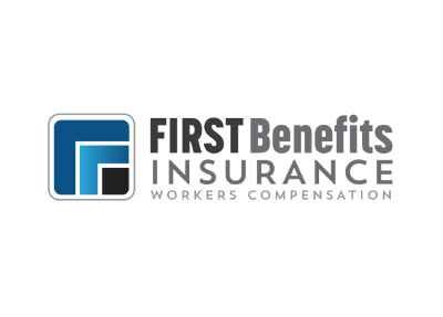 Logo for First Benefits Insurance: blue and black geometric shape, text 