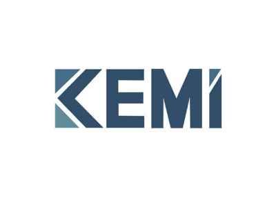 Logo for KEMI, blue text with stylized 