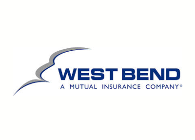 West Bend Mutual Insurance Company logo: blue text, grey abstract design.