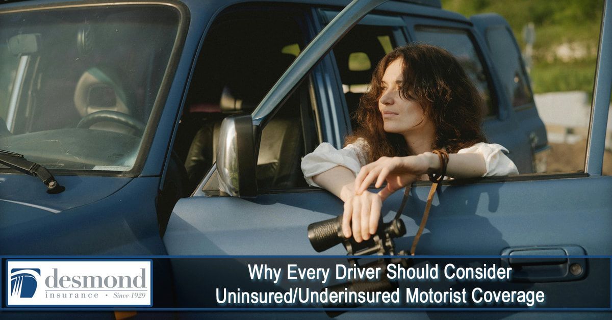 Woman leaning on a blue car door, holding binoculars, looking out. Text: Uninsured Motorist Coverage.