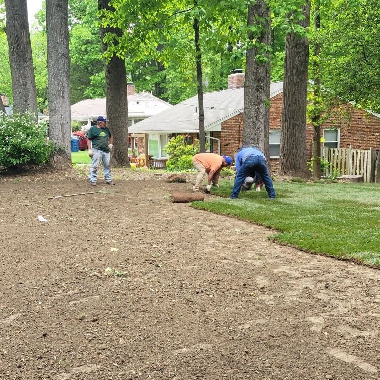 A group of men are working on a lawn in front of a house.