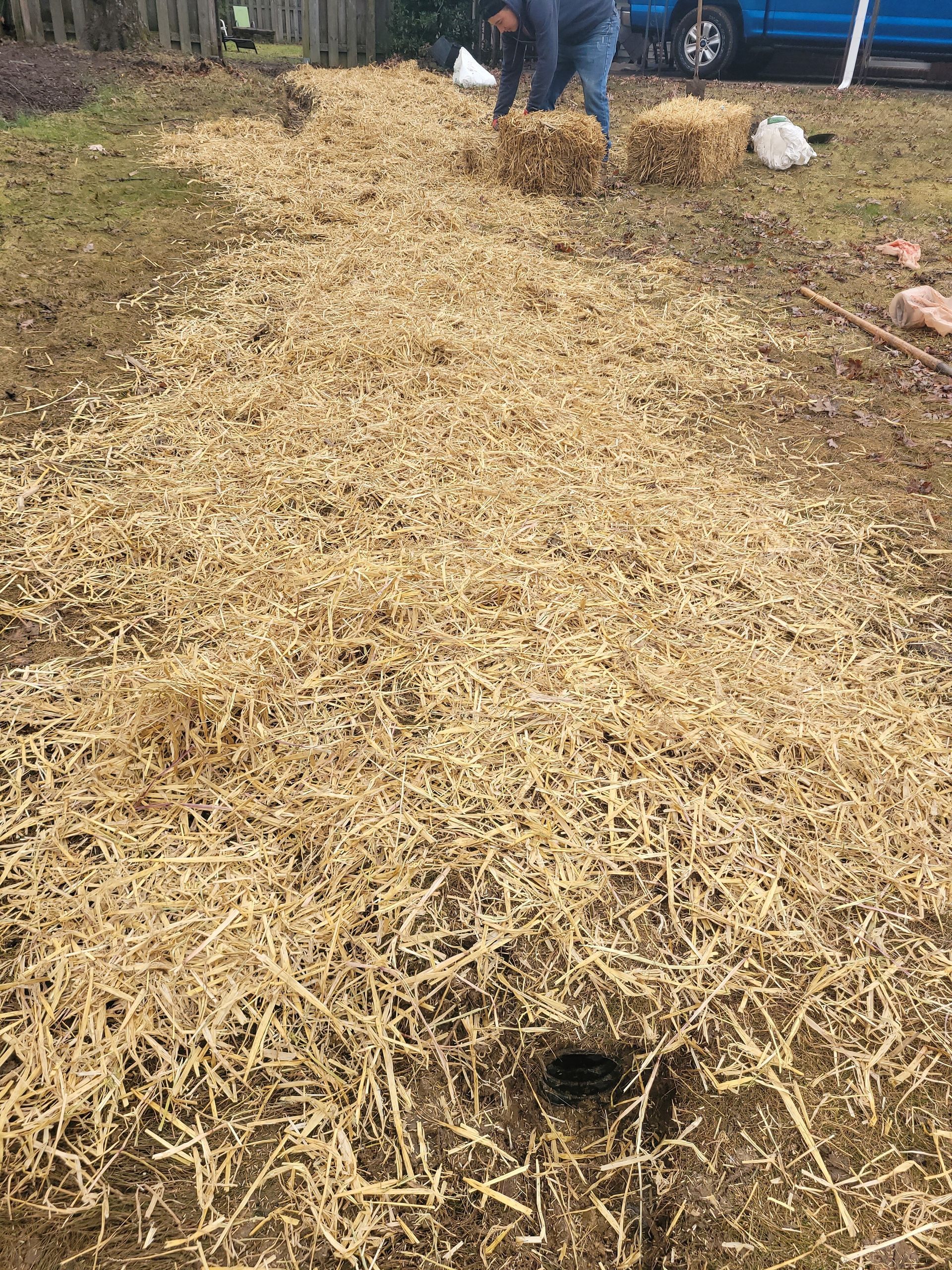 A man is standing in a pile of hay.