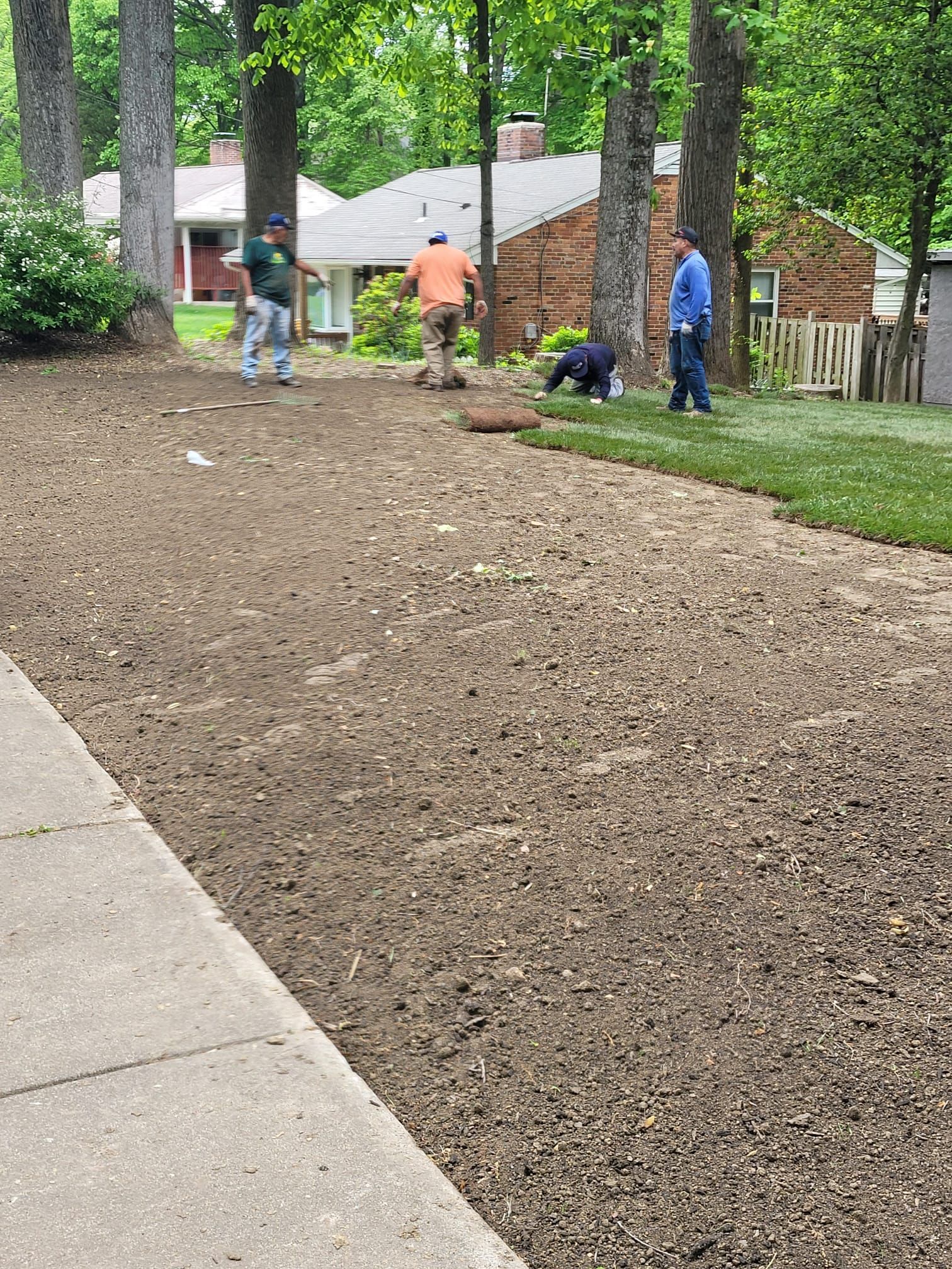 A group of people are working on a lawn in front of a house.