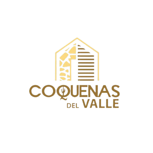 Logotipo en dorado y blanco de «Coqueñas del Valle», con un icono en forma de casa y un diseño de ventana estilizado