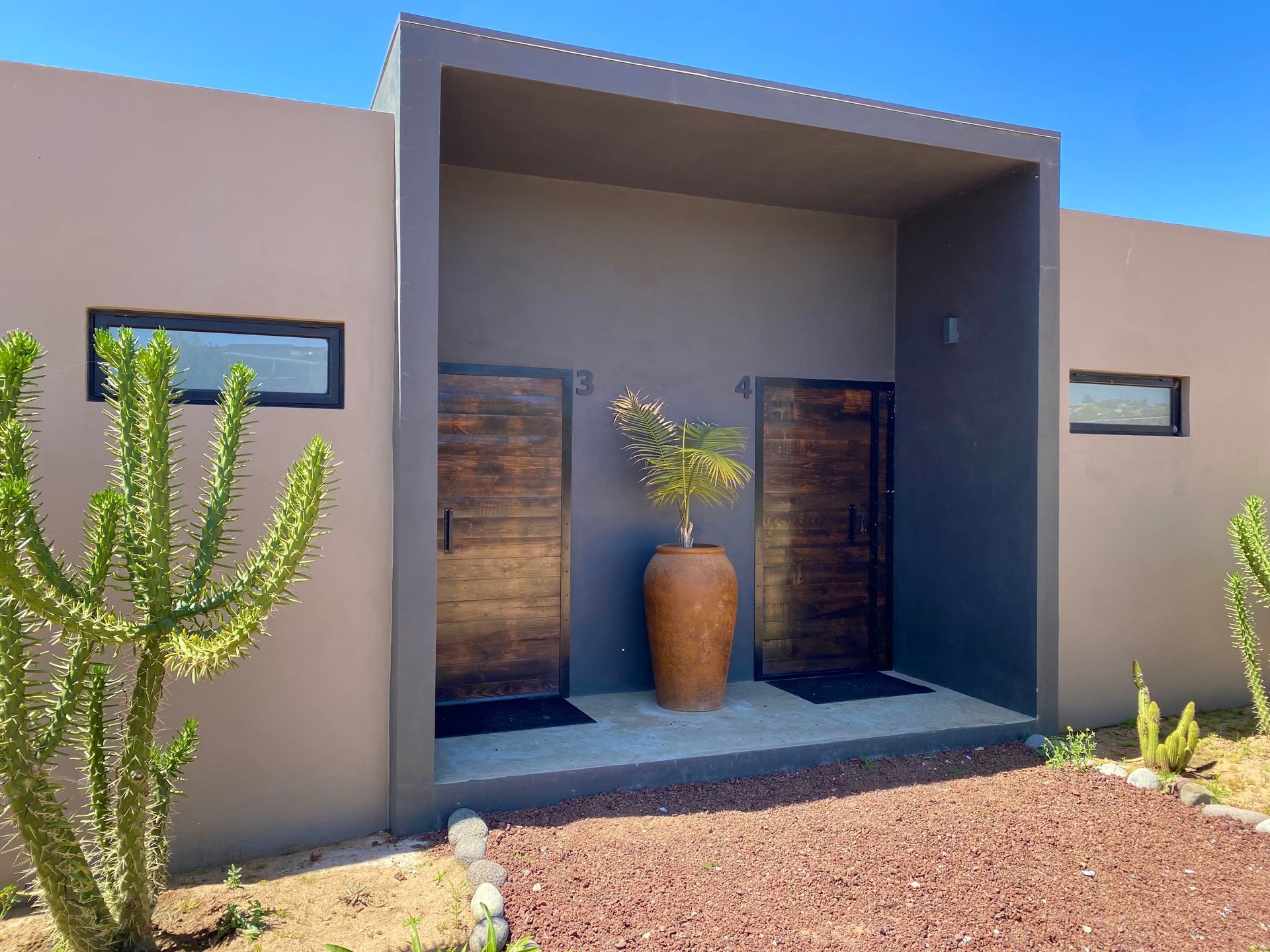 Entrada de una casa moderna en el desierto, con una planta en maceta, puertas de madera y cactus en el jardín