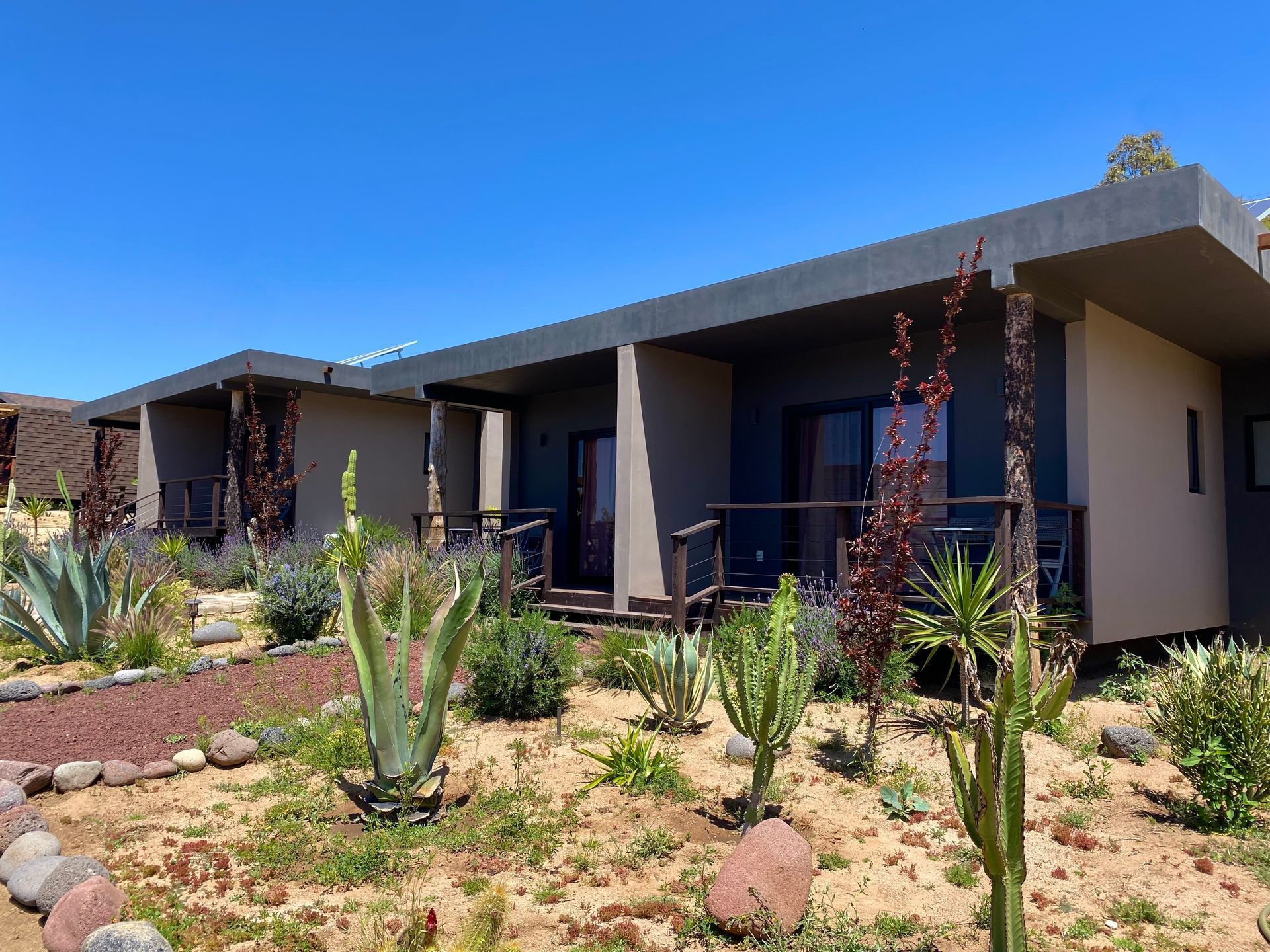 Casa moderna en el desierto con techo plano, jardín de cactus y cielo azul despejado