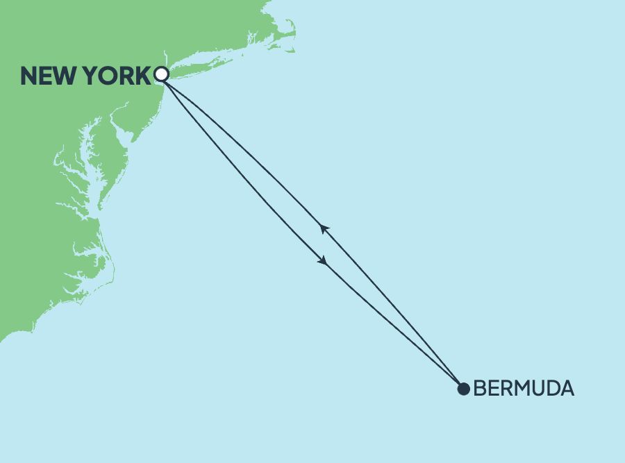 Map showing a two-way travel route between New York and Bermuda represented by lines with directional arrows.