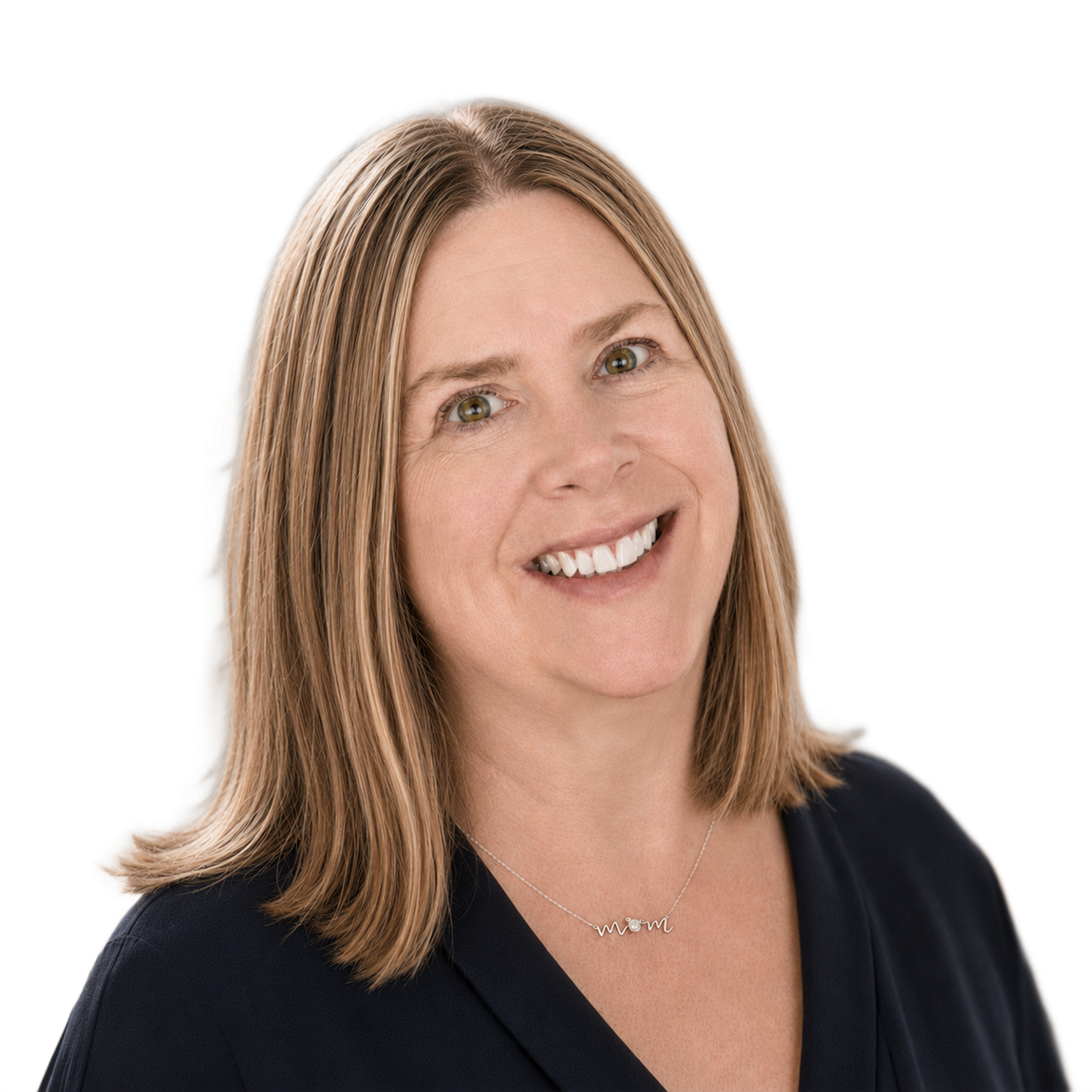 Smiling woman with shoulder-length hair wearing a dark top against a white background