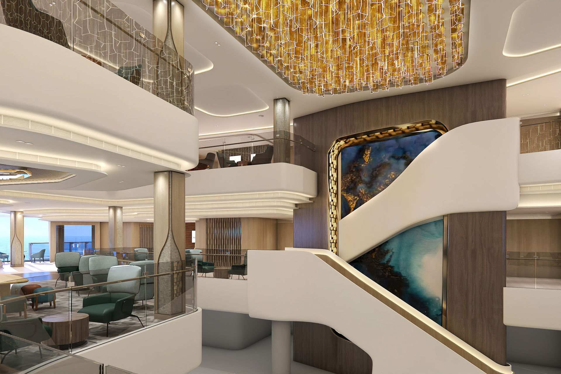 A luxurious multi-level cruise ship atrium featuring a grand staircase, modern seating, and a large golden chandelier.