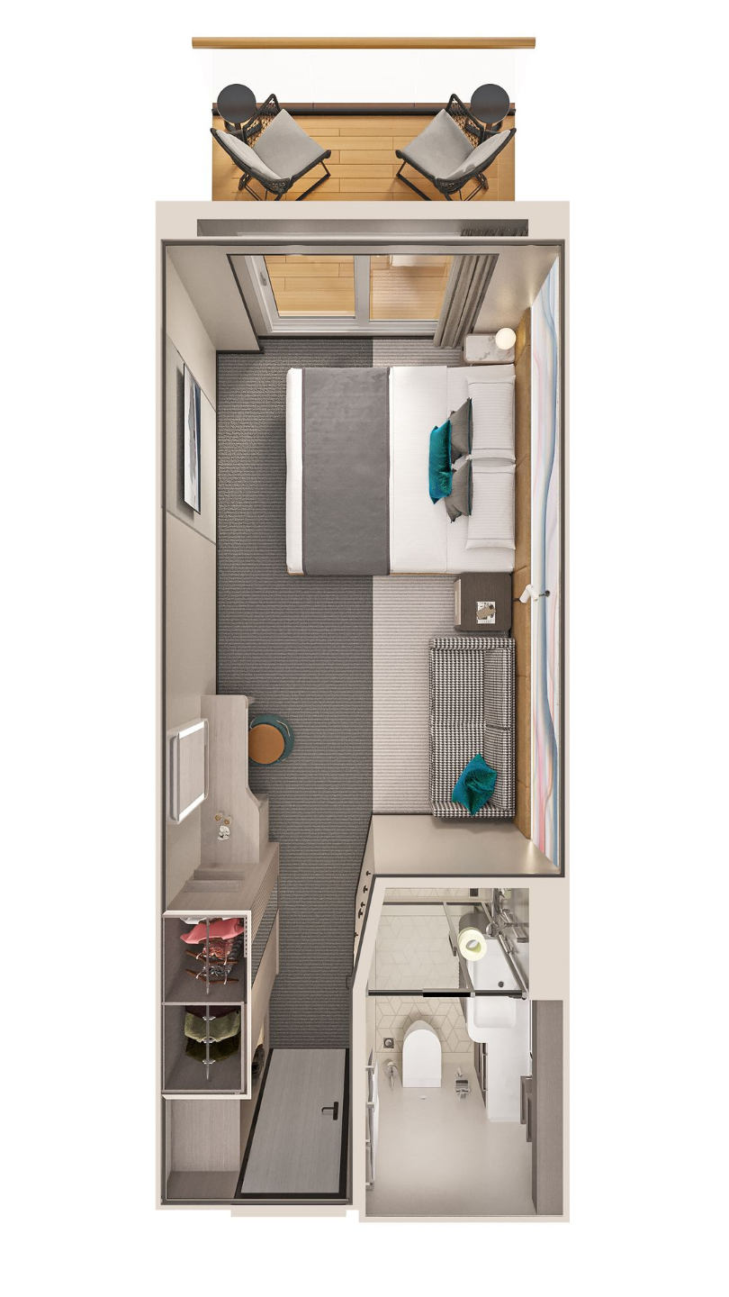 A top-down floor plan of a hotel room with a balcony, bed, seating area, desk, storage, and private bathroom.