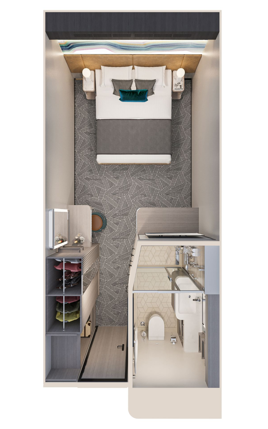 A top-down 3D rendering of a small hotel room featuring a bed at the top, a small shelving unit, and an attached bathroom.