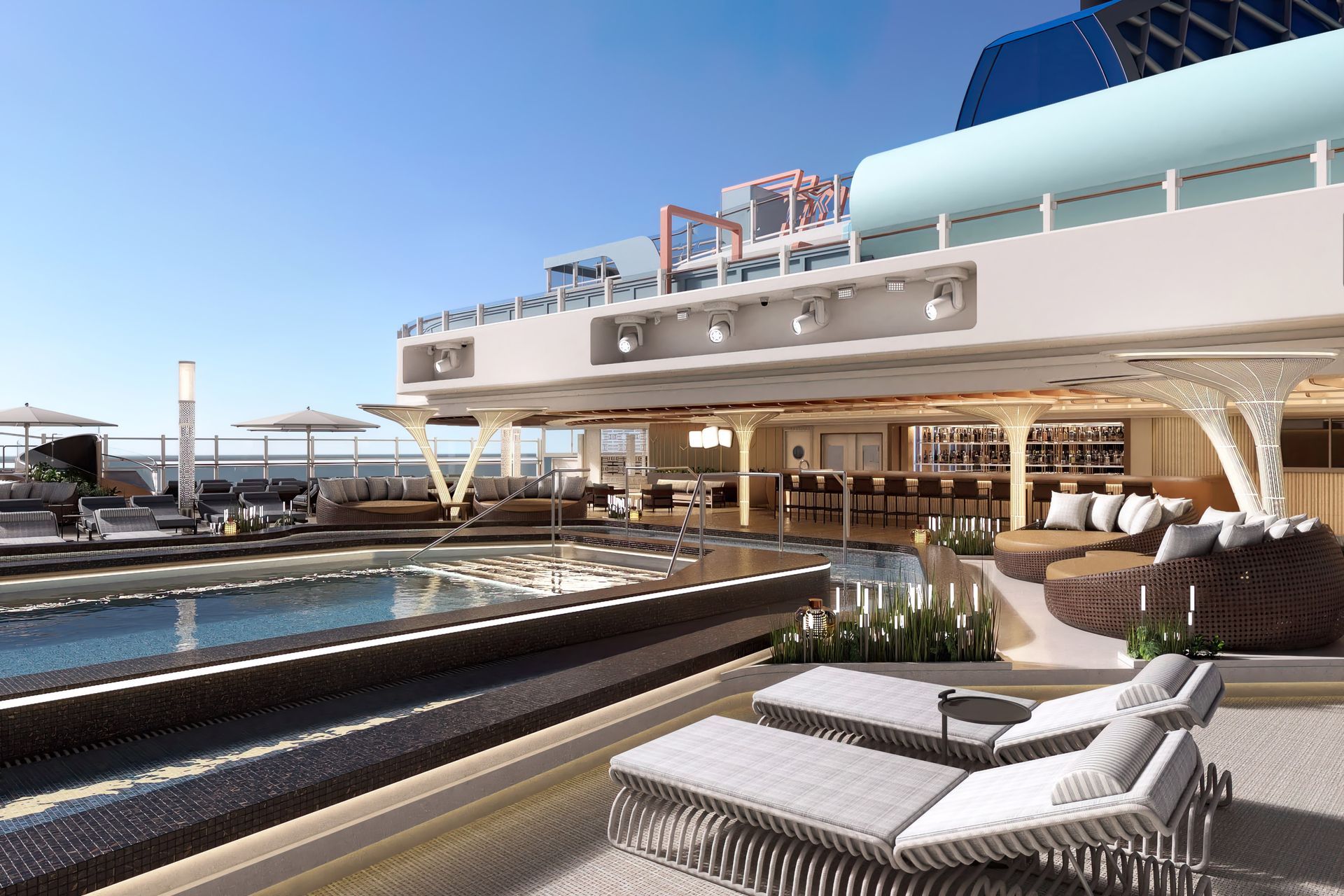 A sunlit luxury cruise ship deck featuring a swimming pool, lounge chairs, and a bar area under a covered overhang.