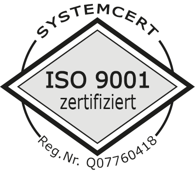 Ein schwarz-weißes Logo mit der Aufschrift „ISO 9001 zertifiziert“