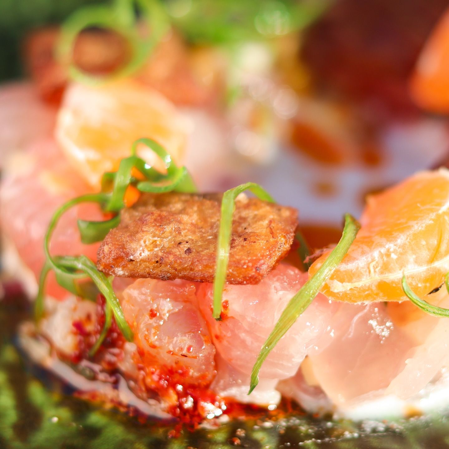 Close-up of sushi with salmon, rice, and green onion curls on a dark plate