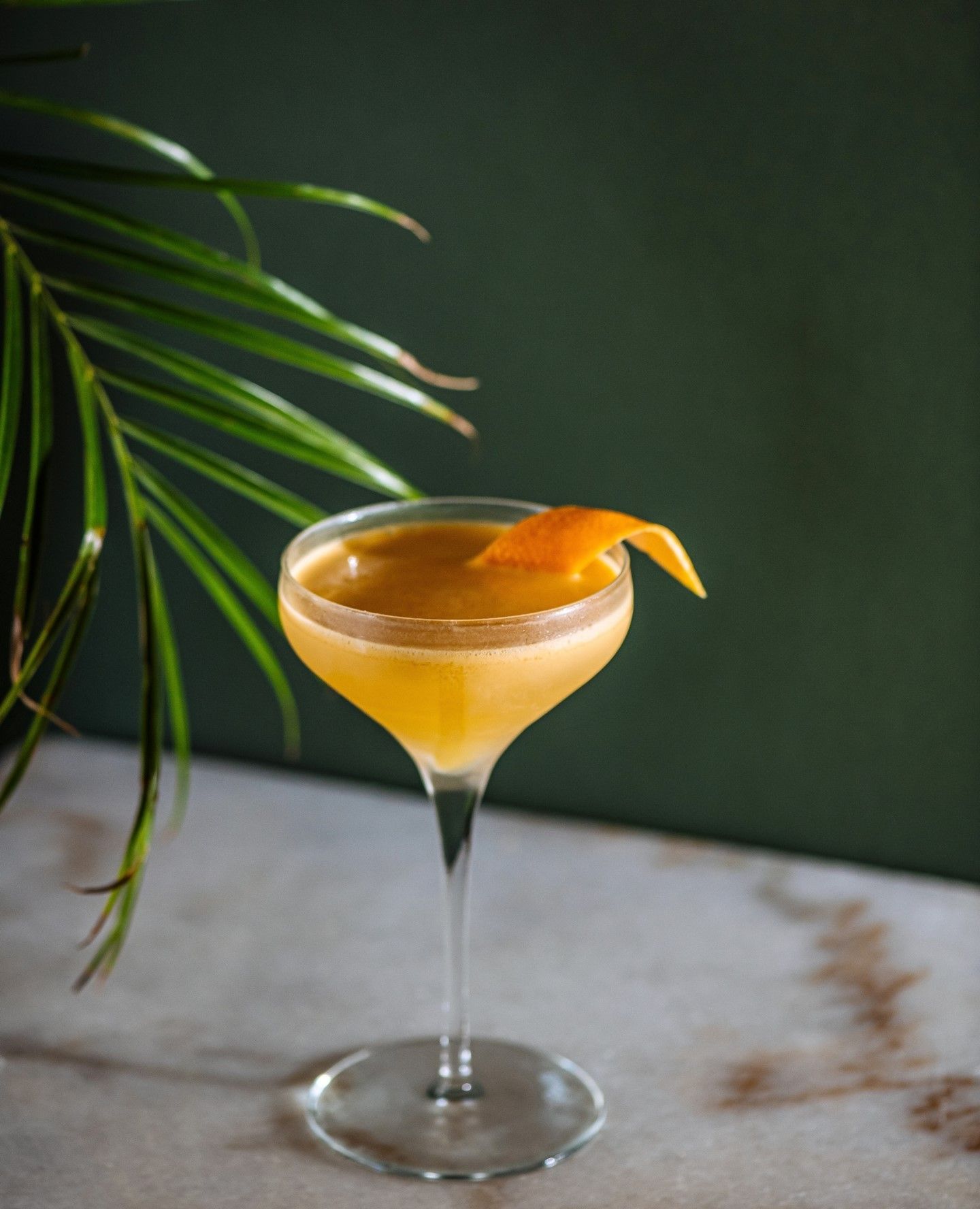 Cocktail in a coupe glass with an orange peel garnish beside palm leaves