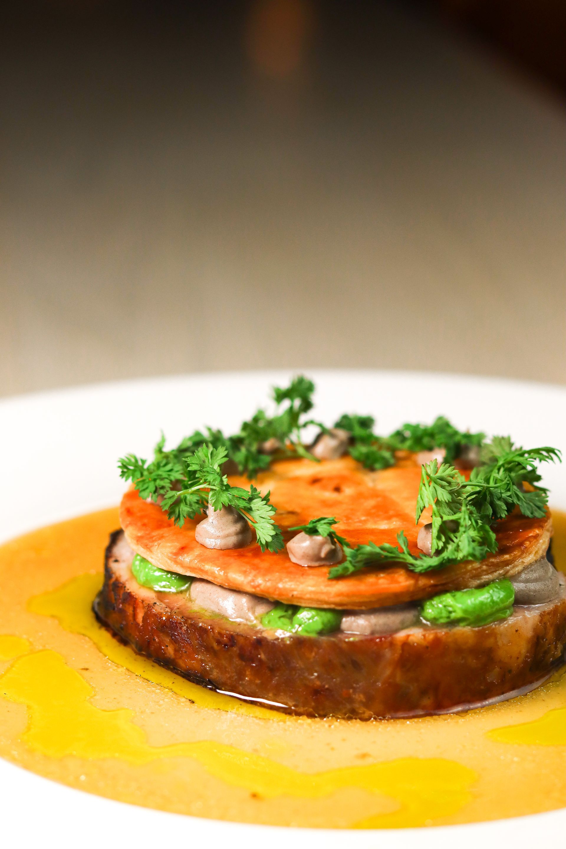 Gourmet salmon dish with parsley, served on a white plate with orange sauce