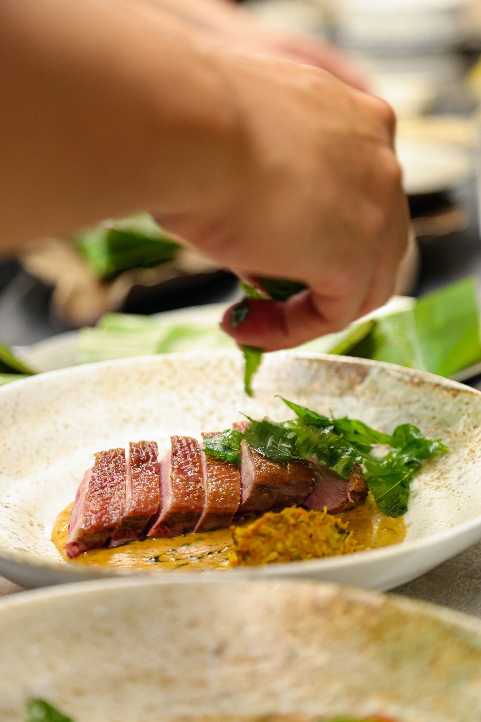 Chef plating seared tuna on a white plate with herbs and sauce