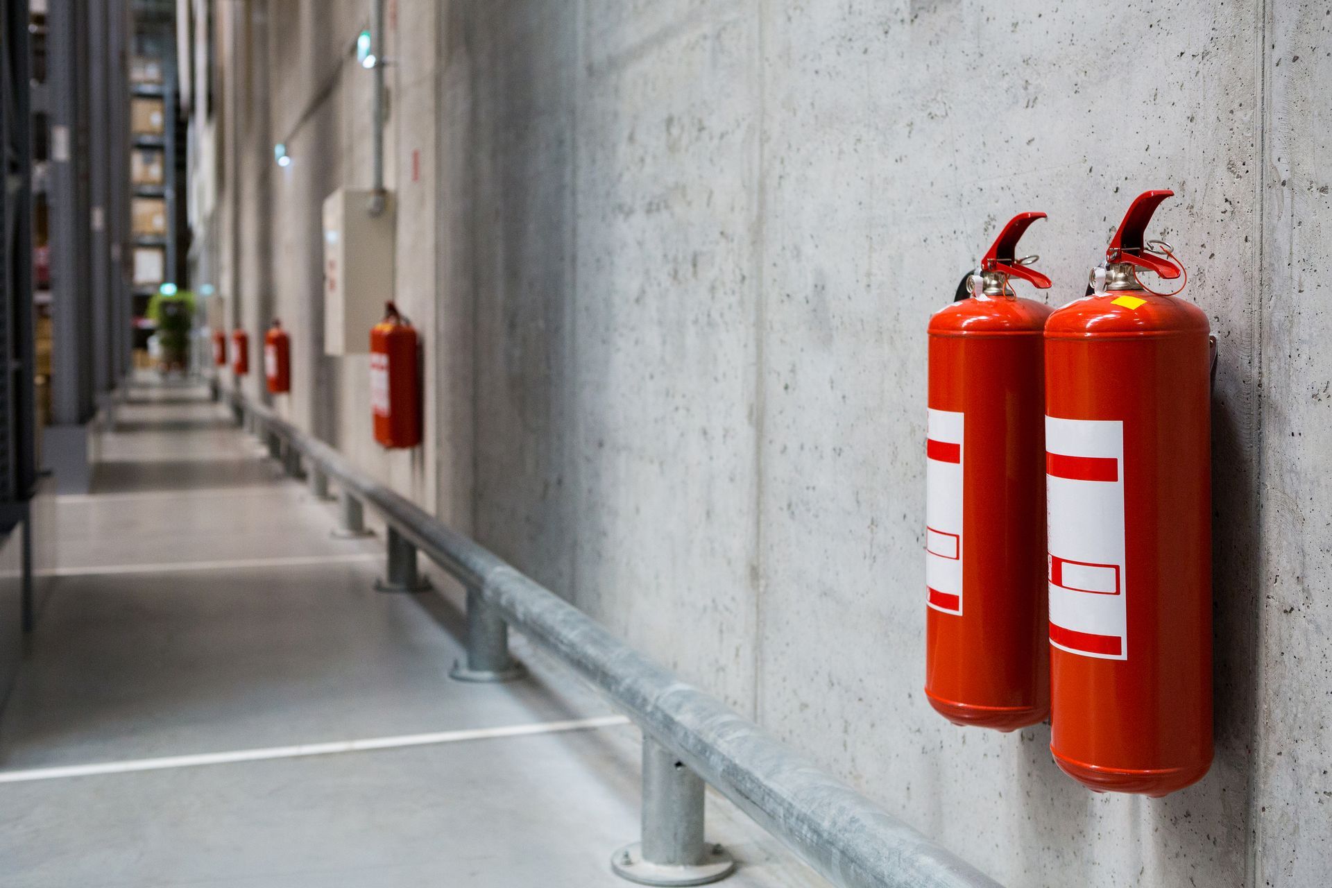 Red Fire Extinguishers Mounted on a Concrete Wall in an Indoor Corridor — Safe Industries Group in Manning Valley, NSW