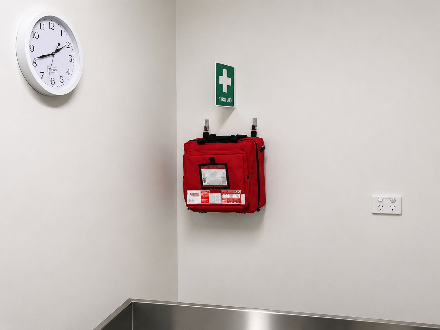 Open red first aid kit with organized medical supplies and bandages inside and in front — Safe Industries Group in Woodrising, NSW