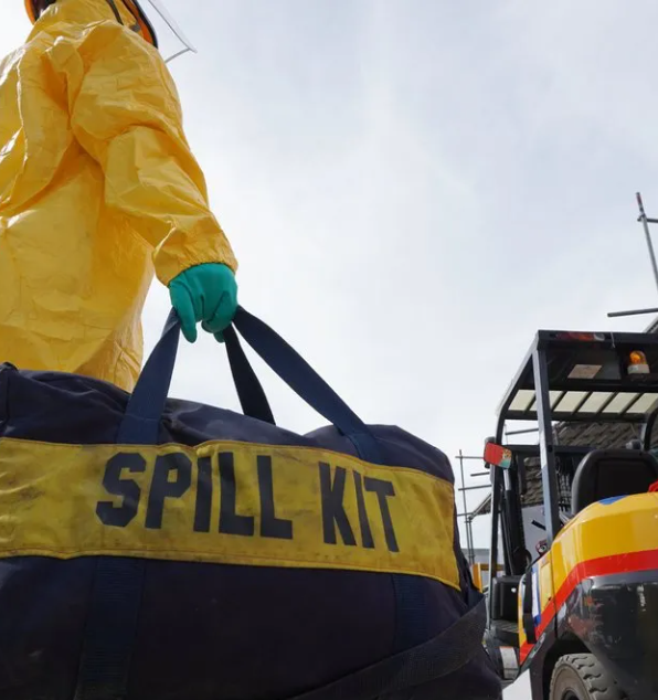 Person Mopping a Spill Beside Yellow and Green Chemical Spill — Safe Industries Group in Woodrising, NSW