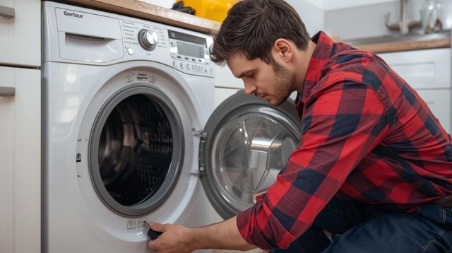 Man repairing a front-loading washing machine in a home laundry room