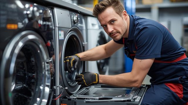 Technician repairing a front-load washing machine in a laundry room, using tools with the door open