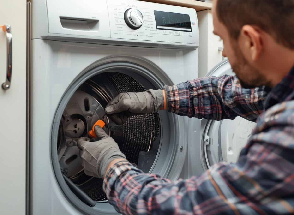 Technician repairing a front-loading washing machine with tools in a laundry room