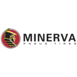 Logo des pneus Minerva : un cercle rouge orné d’une tête de guerrier en or et noir. Inscriptions « MINERVA » et « PNEUS-TIRES » en noir.