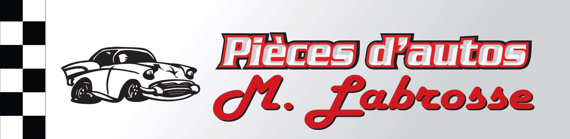 Logo de « Pièces d'autos M. Labrosse ». Représente une voiture, un drapeau à damier et un texte en rouge et noir.