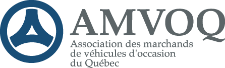 Logo for AMVOQ, Association des marchands de véhicules d'occasion du Québec. Blue circle and
