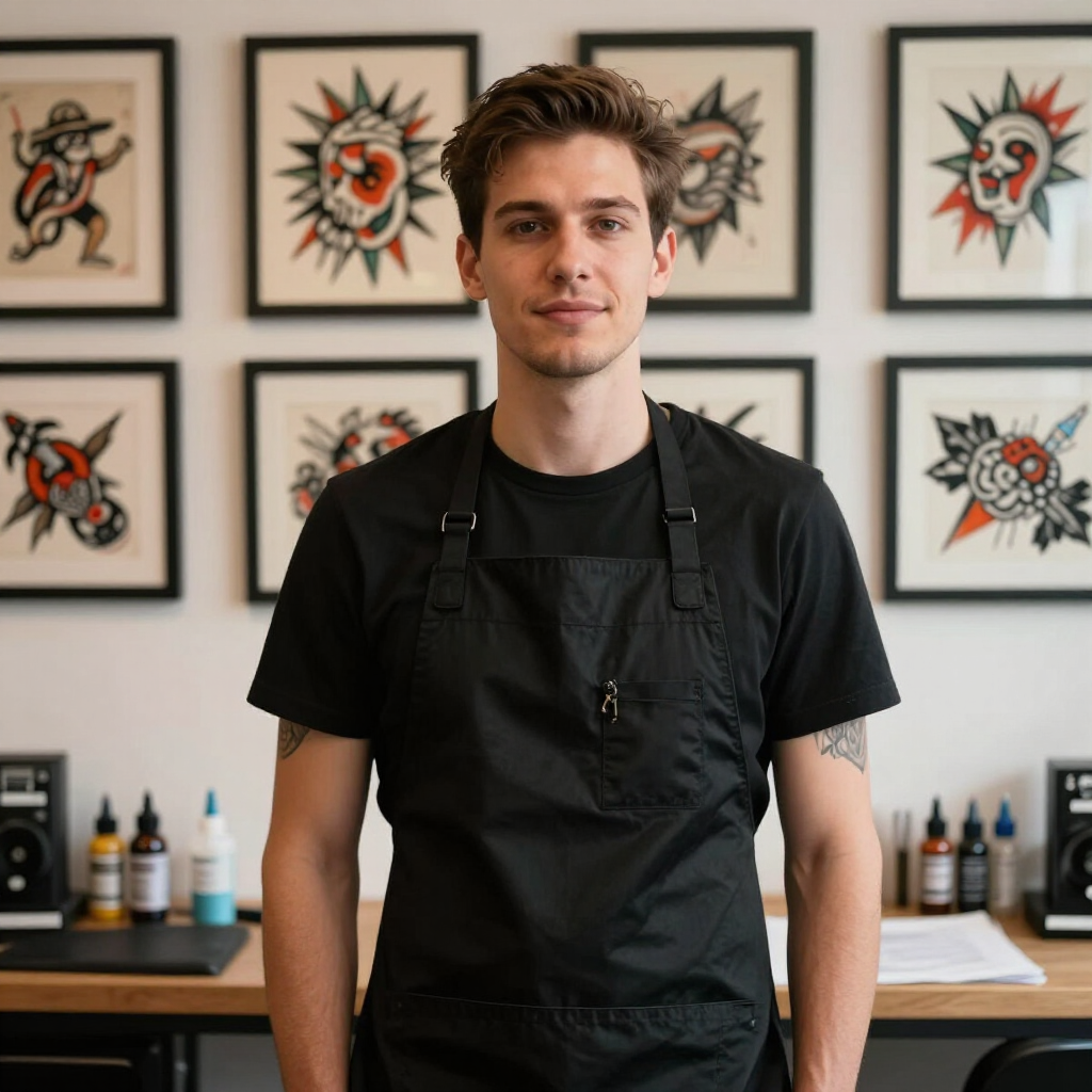 A tattoo artist in a clean creative studio wearing a black apron with framed art behind them.