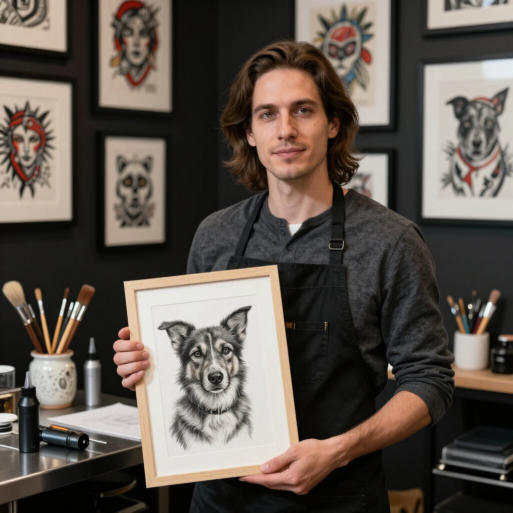 An artist holding a pet portrait sketch inside a tattoo and painting studio.