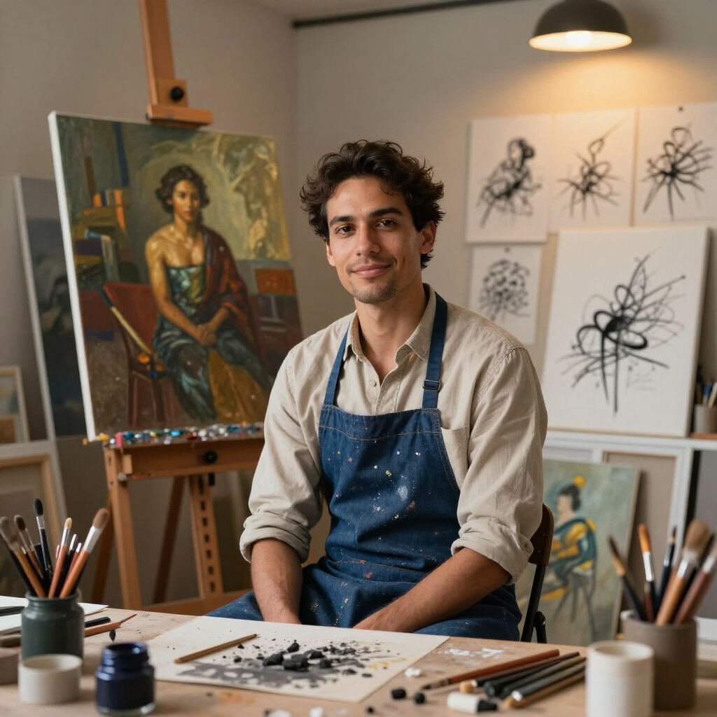 A studio artist standing among painted canvases and tattoo sketches in warm light.