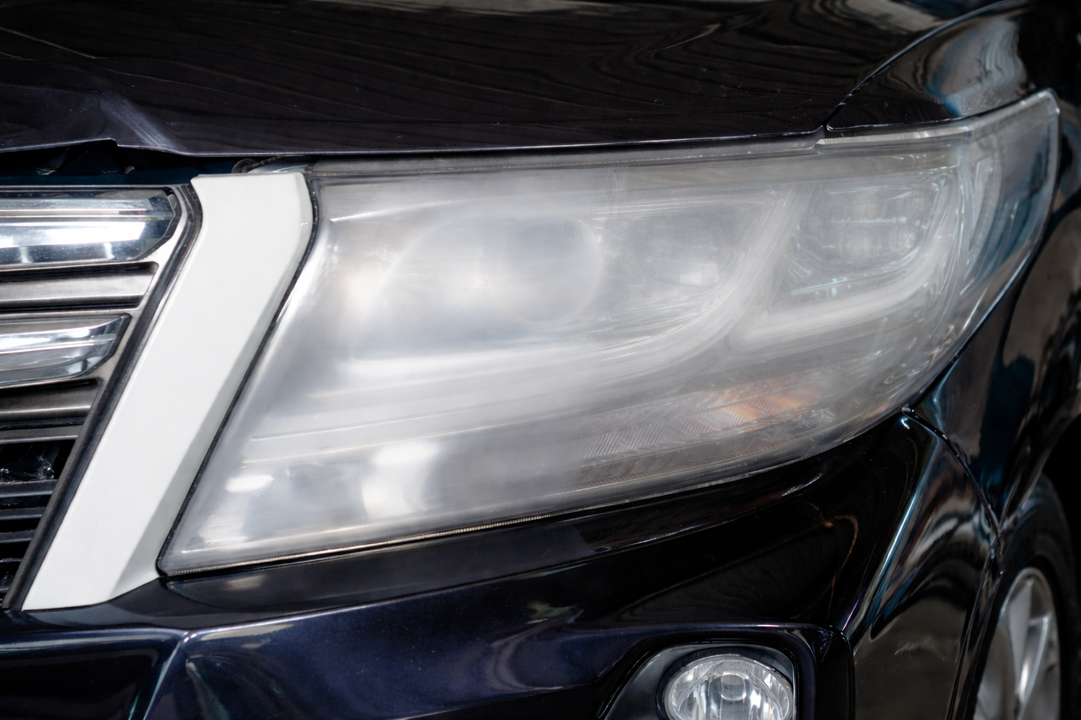 Close-up of a black car’s front headlight and grille with a silver accent