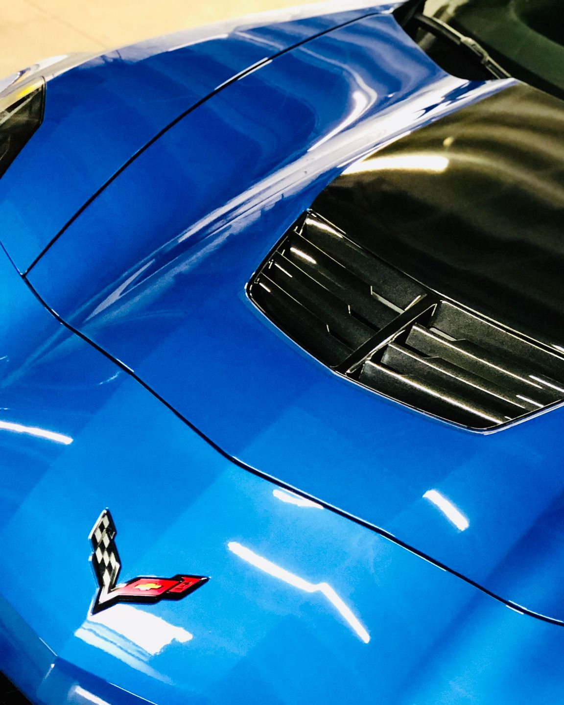 Blue sports car hood with black vented center panel and chrome emblem close-up