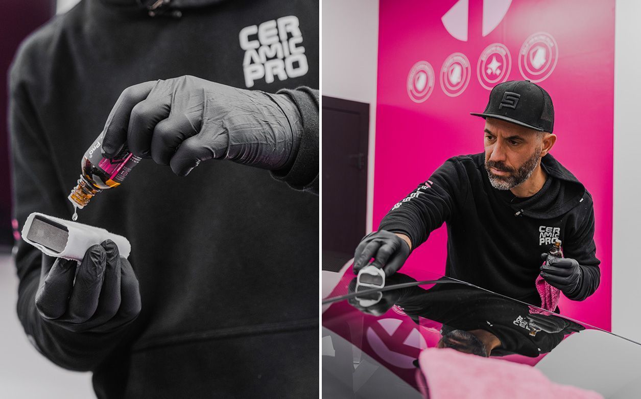 A person wearing a black Ceramic Pro hoodie and gloves applies liquid coating to an applicator pad and a car surface.