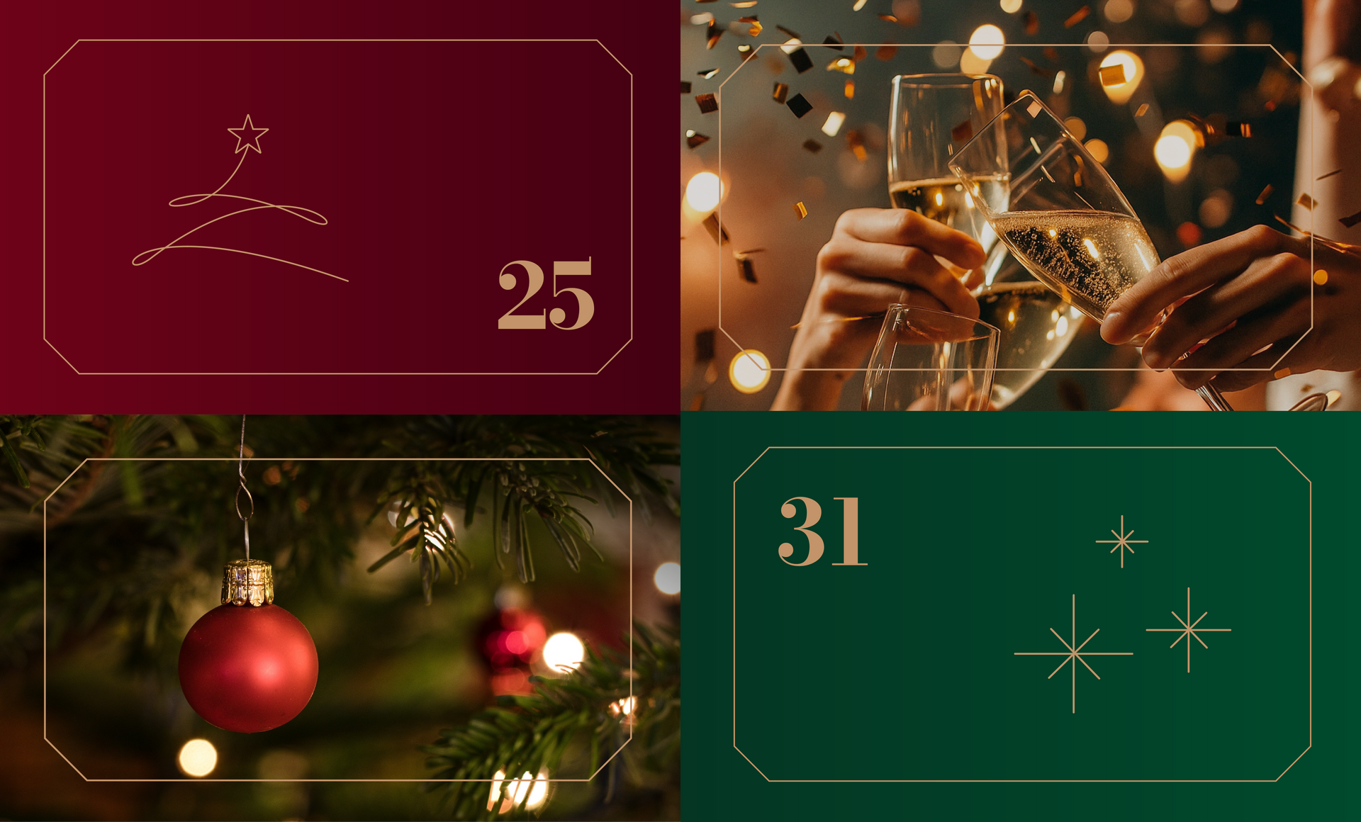 Colagem natalina festiva com enfeites, velas de faísca e os números “25” e “31” em dourado sobre painéis em tons de vinho e verde.
