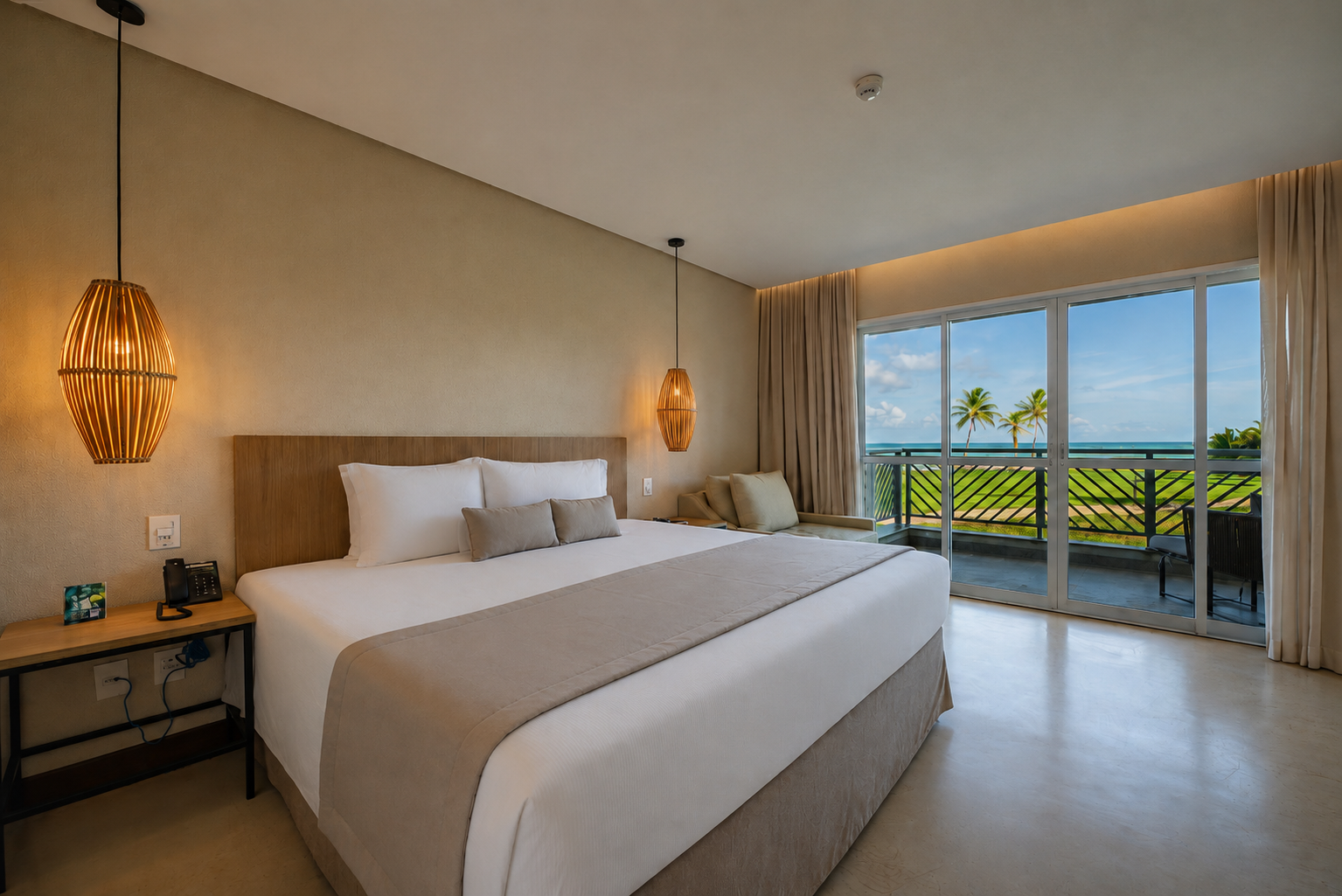 Quarto moderno com cama arrumada, cabeceira de madeira, luminárias pendentes e decoração em tons de bege.