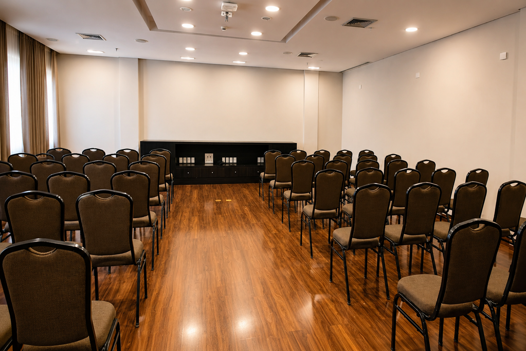 Sala de conferências vazia com fileiras de cadeiras voltadas para uma tela de projeção e palco, piso de madeira e iluminação no teto.