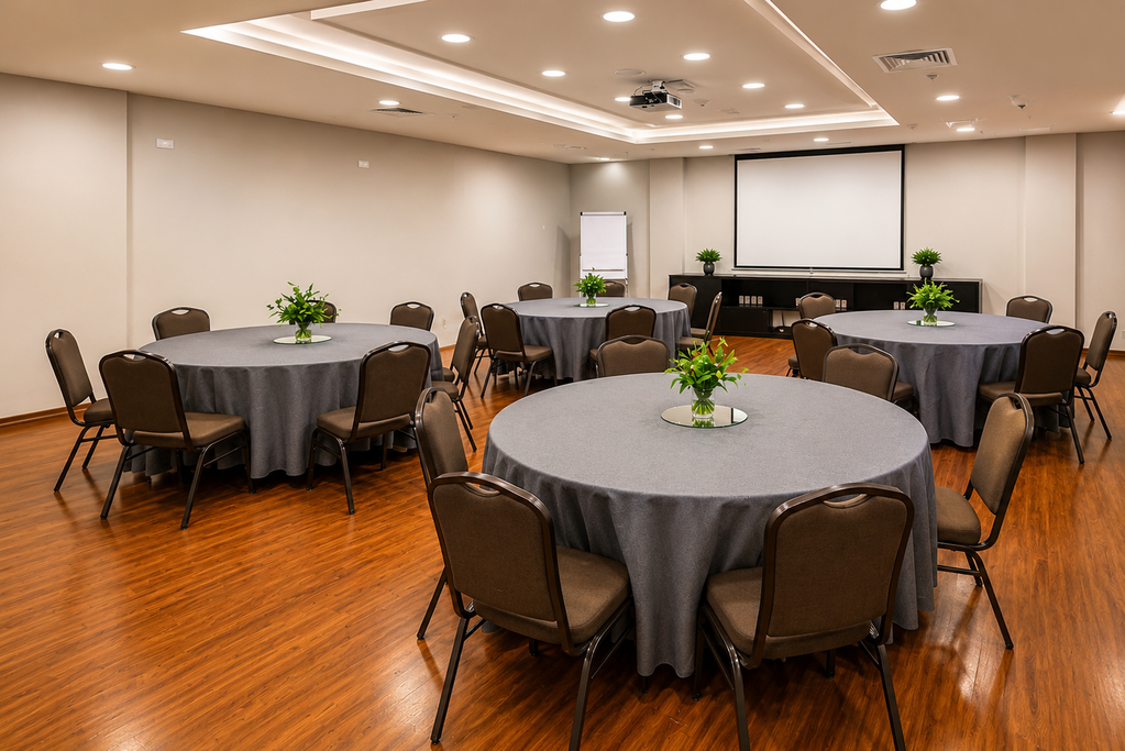 Salão de banquetes com mesas redondas, toalhas de mesa cinza, cadeiras marrons e um telão para apresentações na frente.