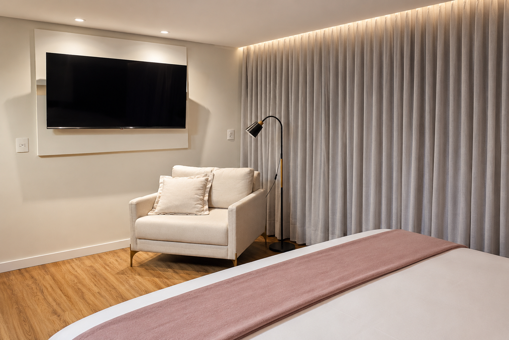 Quarto moderno com cama, poltrona, TV de parede, luminária de chão e cortinas do chão ao teto.