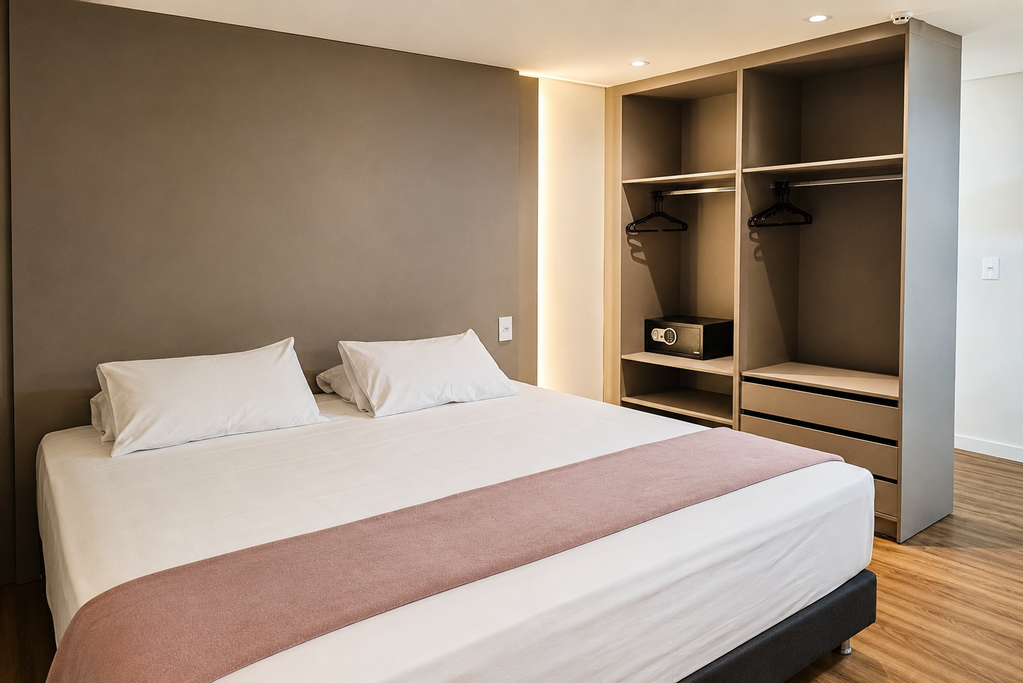 Quarto moderno com uma cama grande, paredes bege e um nicho aberto para guarda-roupa.