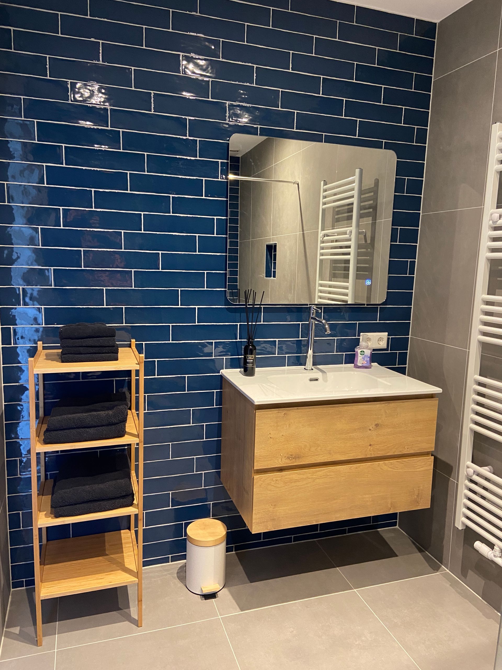 Badkamer met blauwe tegels, wastafelmeubel, spiegel, douche en toilet