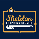 Logo for Sheldon Plumbing Service. Features text in gold, wrench, pipes, flame with water drop against a navy blue background.