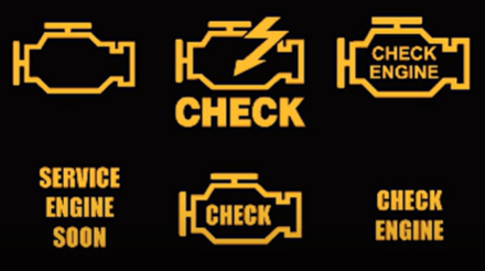 Dashboard warning lights for engine issues.